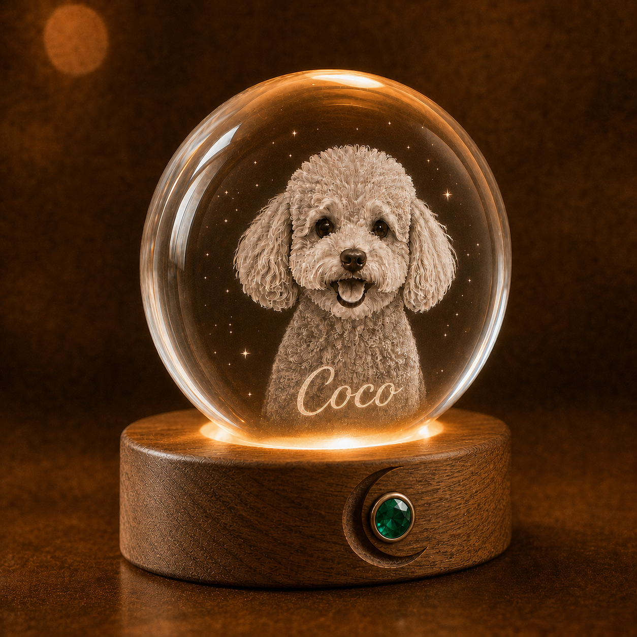 Coco’s monochrome crystal engraving illuminated above the oak base and green Guardian Stone